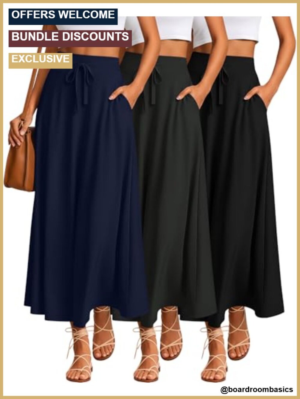 3 Pack Women's Maxi Skirts A-Line High Waist with Pockets
